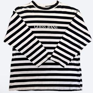 RARE 90s Guess Black/White Striped Long Sleeve Embroidered Vintage Shirt